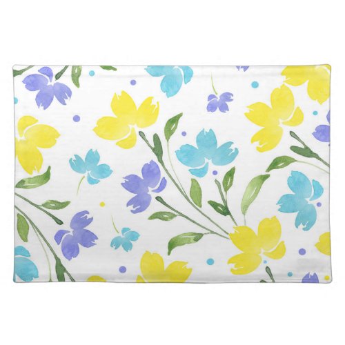 Aqua Periwinkle Yellow Watercolor Floral Stems  Cloth Placemat