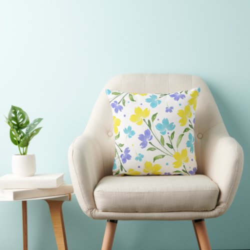 Aqua Periwinkle Yellow Watercolor Floral Stems Throw Pillow
