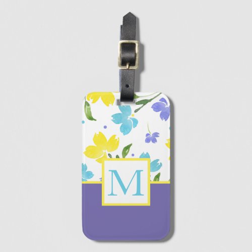 Aqua Periwinkle Yellow Watercolor Flower Stems Luggage Tag