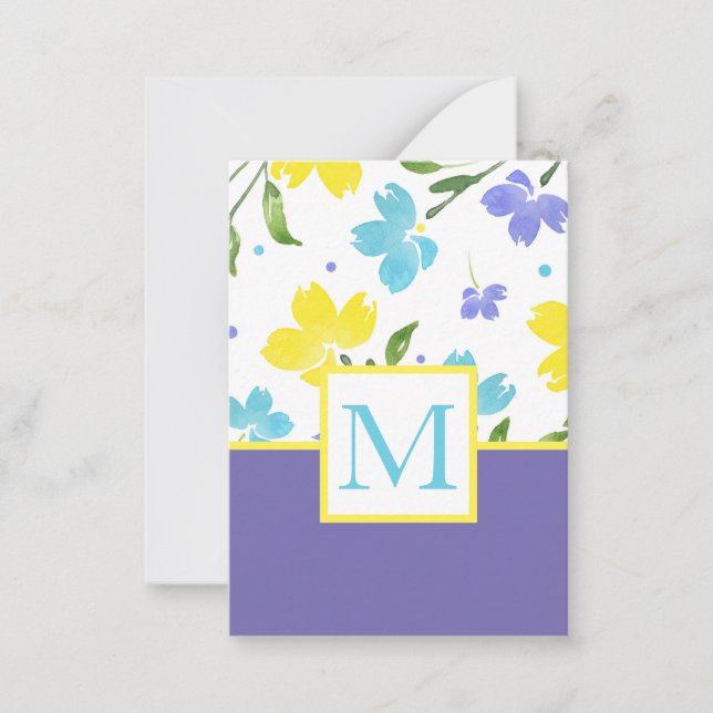 Aqua Periwinkle Yellow Watercolor Flower Stems Note Card (Front)