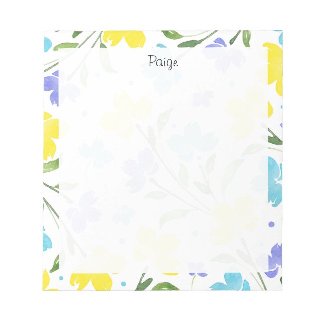 Aqua Periwinkle Yellow Watercolor Flower Stems  Notepad (Front)