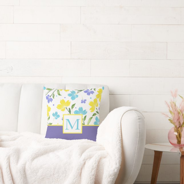 Aqua Periwinkle Yellow Watercolor Flower Stems Throw Pillow (Couch)