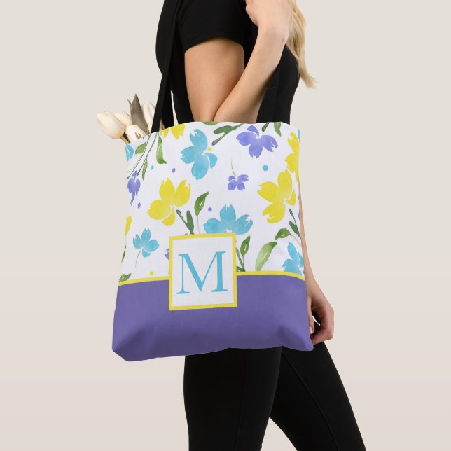 Aqua Periwinkle Yellow Watercolor Flower Stems Tote Bag (Close Up)
