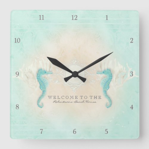 Aqua Personalized Beach House Welcome Seahorse Art Square Wall Clock