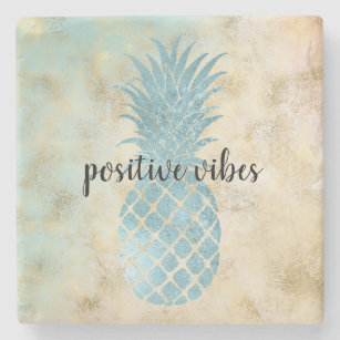 Aqua Pineapple Gold Grunge Stone Coaster