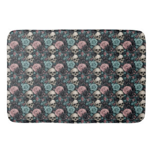 Aqua Pink and Black Goth Floral with Skulls Bath Mat