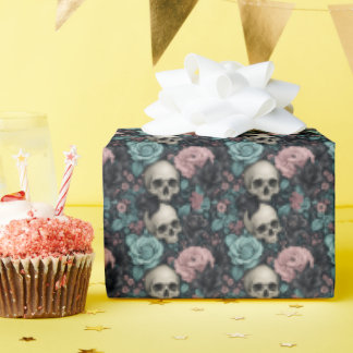 Aqua Pink and Black Goth Floral Wrapping Paper