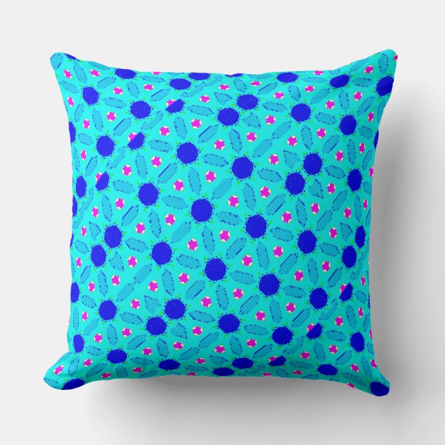 Aqua, Pink and Blue Flower Pattern Throw Pillow (Front)