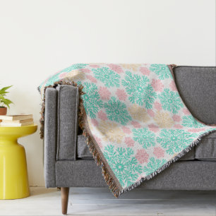 Aqua Pink and Gold Snowflakes in Winter Throw Blanket