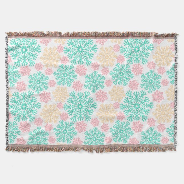 Aqua Pink and Gold Snowflakes in Winter Throw Blanket (Front)