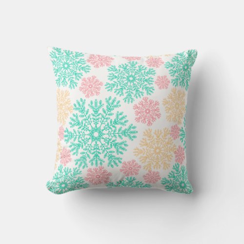 Aqua Pink and Gold Snowflakes Pattern Throw Pillow