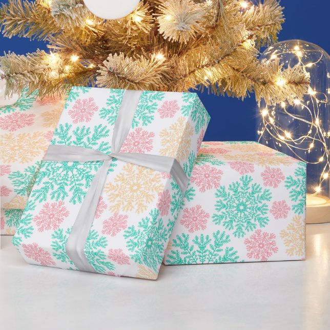 Aqua Pink and Gold Snowflakes Pattern Wrapping Paper (Holidays)