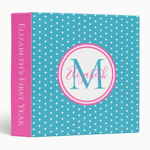 Aqua Pink and White Polka Dot Monogram Memory 3 Ring Binder