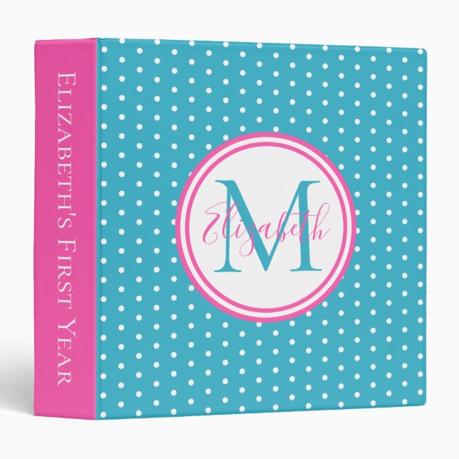 Aqua Pink and White Polka Dot Monogram Memory 3 Ring Binder (Front/Spine)