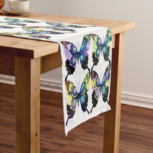 Aqua, Pink, and Yellow - Elegant Butterflies Short Table Runner (In Situ)