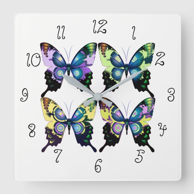 Aqua, Pink, and Yellow -  Elegant Butterflies Square Wall Clock (Front)