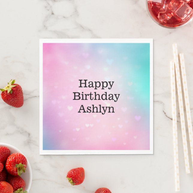 Aqua Pink Bokeh Hearts Birthday Napkins (Insitu)