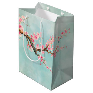 Aqua Pink Cherry Blossom Floral Medium Gift Bag