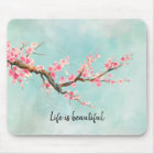 Aqua Pink Cherry Blossom Floral Mouse Pad