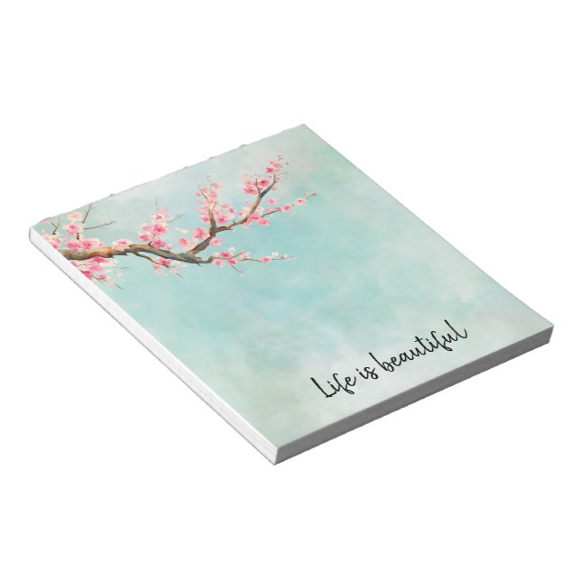 Aqua Pink Cherry Blossom Floral      Notepad (Angled)