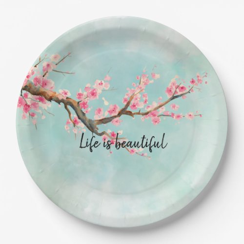 Aqua Pink Cherry Blossom Floral      Paper Plates