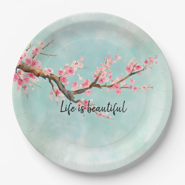 Aqua Pink Cherry Blossom Floral      Paper Plates (Front)