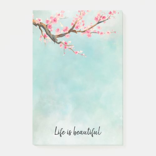 Aqua Pink Cherry Blossom Floral      Post_it Notes