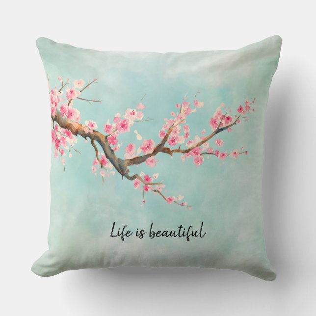 Aqua Pink Cherry Blossom Floral  Throw Pillow (Front)