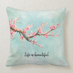 Aqua Pink Cherry Blossom Floral Throw Pillow