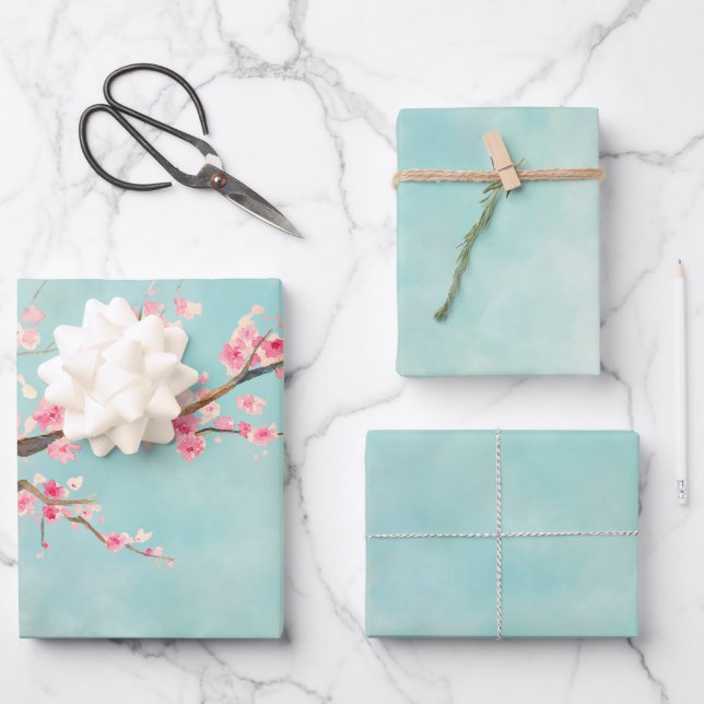 Aqua Pink Cherry Blossom Floral        Wrapping Paper Sheets (Front)
