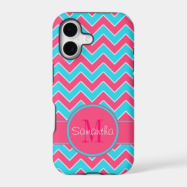 Aqua & Pink Chevron Pattern Custom Monogram Iphone Case (Back)