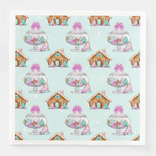 AQUA  PINK CHRISTMAS GINGERBREAD HOUSE PATTERN PAPER DINNER NAPKINS