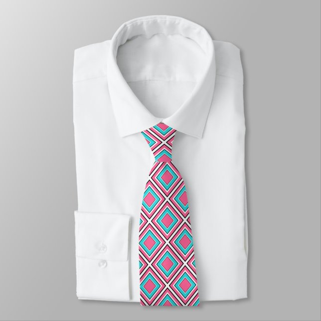 Aqua Pink Coral Diamond Geometric Pattern Neck Tie (Tied)