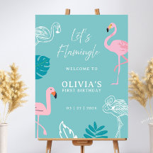 Aqua & Pink Flamingo First Birthday Welcome Sign