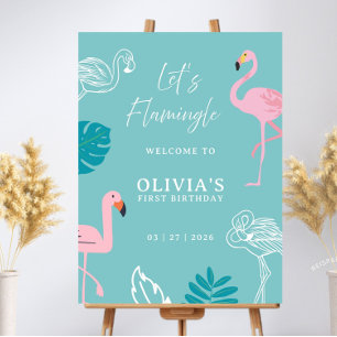 Aqua & Pink Flamingo First Birthday Welcome Sign