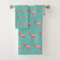 AQUA PINK FLAMINGO PATTERN BATHROOM TOWEL SET