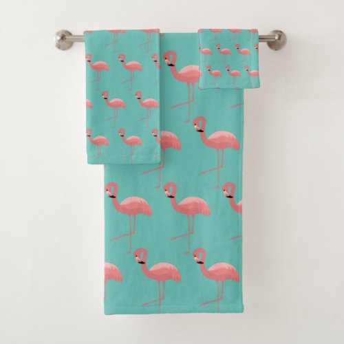 AQUA PINK FLAMINGO PATTERN BATHROOM TOWEL SET