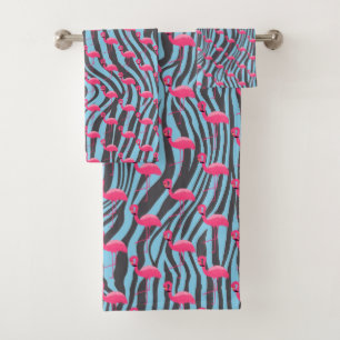 AQUA PINK FLAMINGO ZEBRA PRINT BATHROOM TOWEL SET