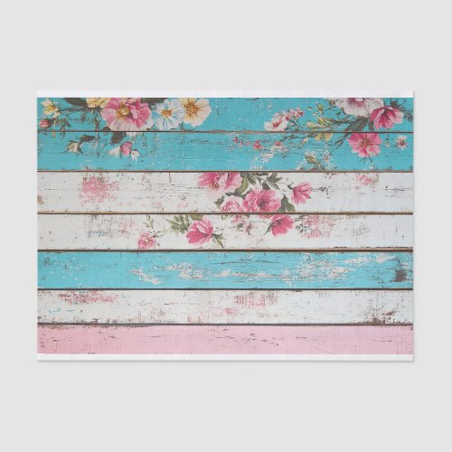 Aqua Pink Flower Wood Plank Decoupage Paper