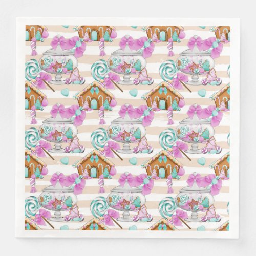 AQUA  PINK GINGERBREAD HOUSES  CANDIES PAPER DINNER NAPKINS