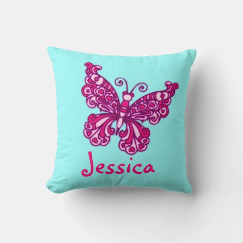 Aqua pink girls named butterfly cushion pillow