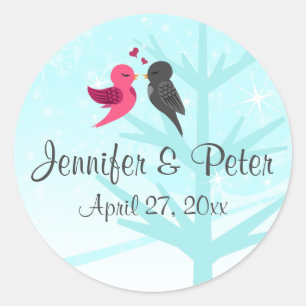 Aqua, Pink, Gray Lovebirds Wedding Favor Sticker