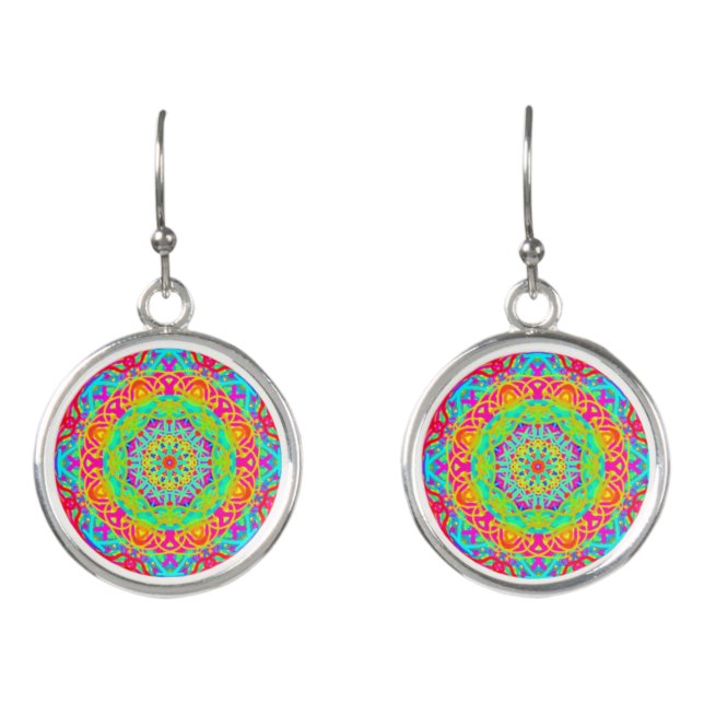 Aqua Pink Green Mandala Boho Earrings (Front)