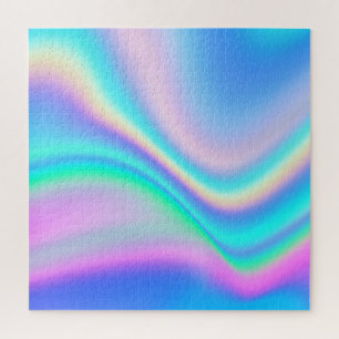 Aqua Pink Iridescent Rainbow Ombre Wave Jigsaw Puzzle