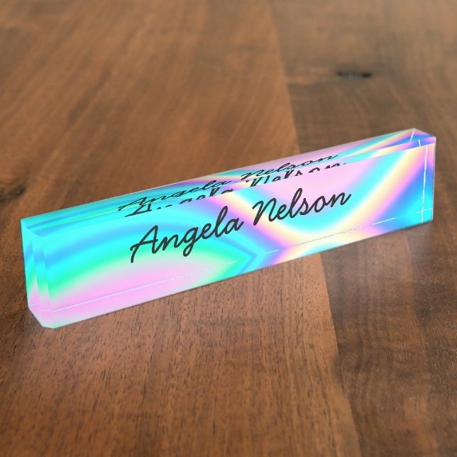 Aqua Pink Iridescent Rainbow Wave Desk Name Plate (Side)