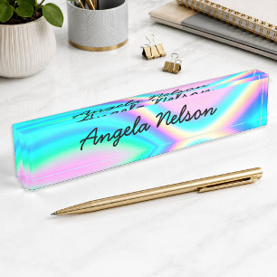 Aqua Pink Iridescent Rainbow Wave Desk Name Plate