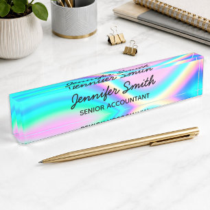 Aqua Pink Iridescent Rainbow Wave Ombre Desk Name Plate