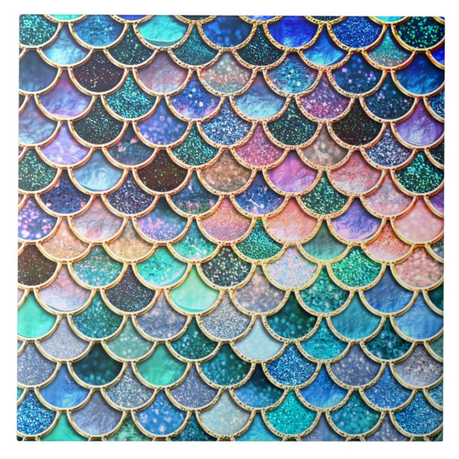Aqua Pink Mermaid Glitter Scales- Mermaid Scales Ceramic Tile (Front)