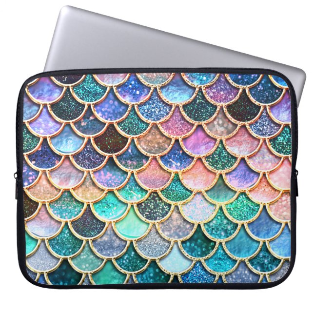 Aqua Pink Mermaid Glitter Scales- Mermaid Scales Laptop Sleeve (Front)