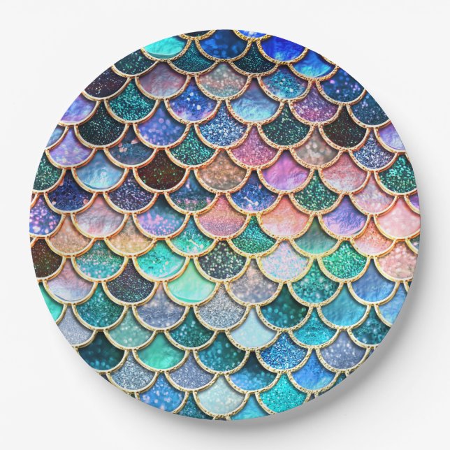 Aqua Pink Mermaid Glitter Scales- Mermaid Scales Paper Plates (Front)